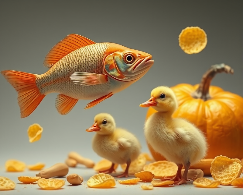 peanut, fish, potato chip, pumpkin, duckling